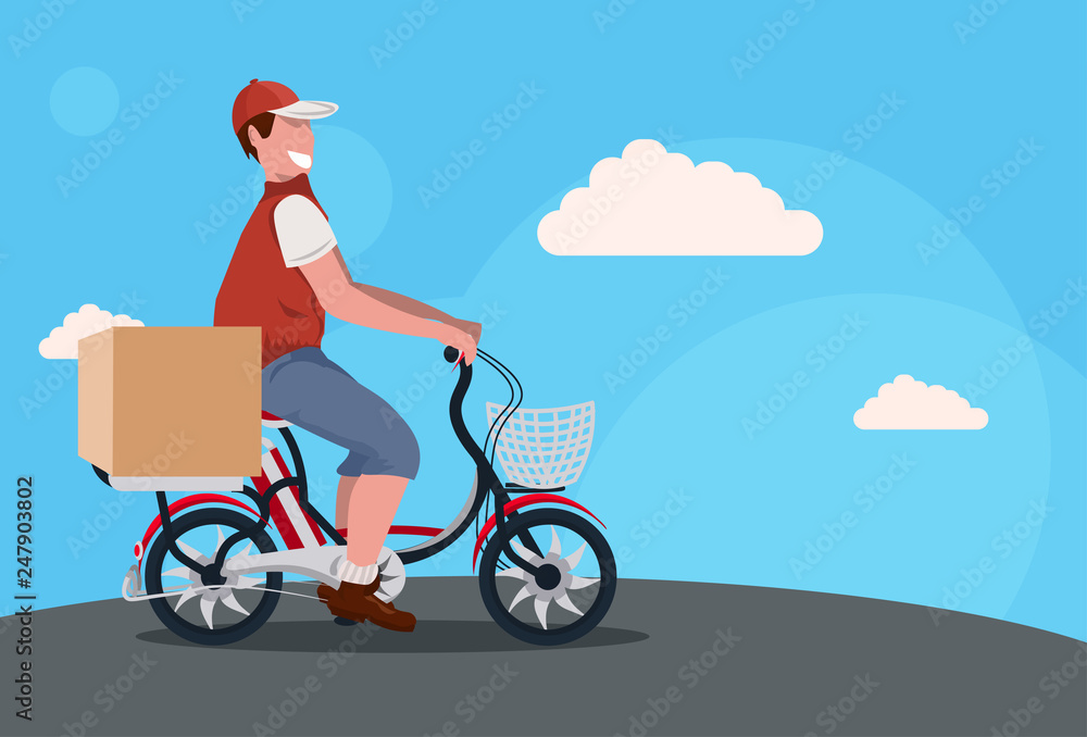 man deliver cycling bicycle carrying parcel box express delivery concept guy in uniform riding bike male cartoon character full length horizontal flat vector illustration