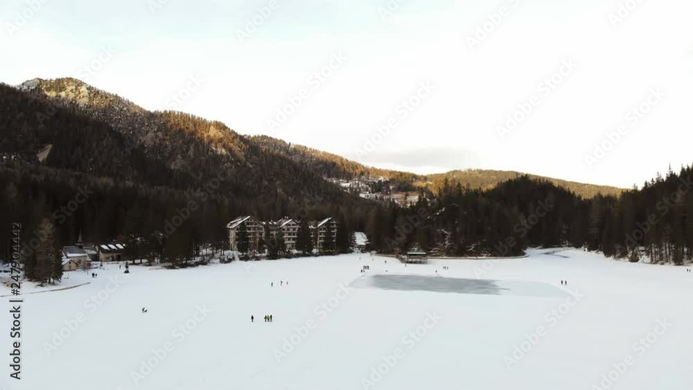 Aerial Drone View of Lago di Braies Mountain Lake in Winter Aerial Drone View of Lago di Braies Mountain Lake in Winter