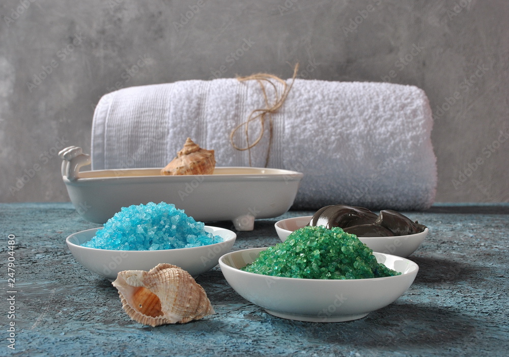 Dead Sea cosmetics. Spa and body care products. Colorful aromatic bath Dead Sea Salt and black Dead Sea Mud. Natural ingredients for homemade body scrub.  Beauty skin care. Spa treatment 