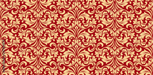 Wallpaper in the style of Baroque. Seamless vector background. Gold and red floral ornament. Graphic pattern for fabric, wallpaper, packaging. Ornate Damask flower ornament