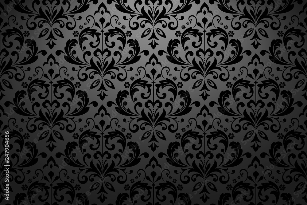 Wallpaper in the style of Baroque. Seamless vector background. Black floral ornament. Graphic pattern for fabric, wallpaper, packaging. Ornate Damask flower ornament Wallpaper in the style of Baroque. Seamless vector background. Black floral ornament. Graphic pattern for fabric, wallpaper, packaging. Ornate Damask flower ornament