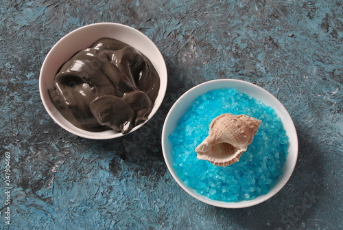 Dead Sea cosmetics. Spa and body care products. Colorful aromatic bath Dead Sea Salt and black Dead Sea Mud. Natural ingredients for homemade body scrub.  Beauty skin care. Spa treatment 