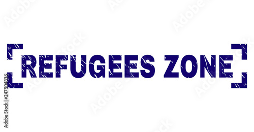 REFUGEES ZONE label seal print with grunge style. Text label is placed between corners. Blue vector rubber print of REFUGEES ZONE with grunge texture.