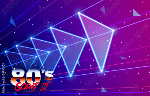 Neon 80s styled triangles flying in space with laser rays