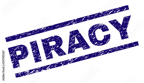 PIRACY seal watermark with distress style. Blue vector rubber print of PIRACY text with unclean texture. Text caption is placed between parallel lines.