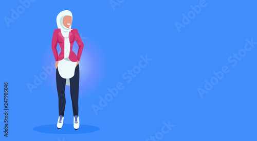 arab woman standing pose happy arabic girl wearing hijab fashion clothes muslim female cartoon character full length flat blue background horizontal