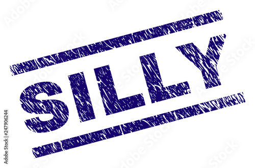 SILLY seal print with grunge style. Blue vector rubber print of SILLY title with grunge texture. Text title is placed between parallel lines.