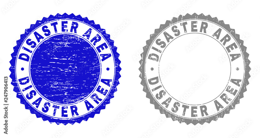 Grunge DISASTER AREA stamp seals isolated on a white background. Rosette seals with distress texture in blue and grey colors. Vector rubber stamp imprint of DISASTER AREA caption inside round rosette.