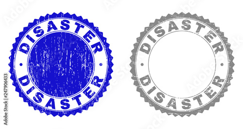 Grunge DISASTER stamp seals isolated on a white background. Rosette seals with grunge texture in blue and gray colors. Vector rubber stamp imitation of DISASTER title inside round rosette.