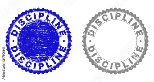 Grunge DISCIPLINE stamp seals isolated on a white background. Rosette seals with grunge texture in blue and grey colors. Vector rubber stamp imprint of DISCIPLINE tag inside round rosette.