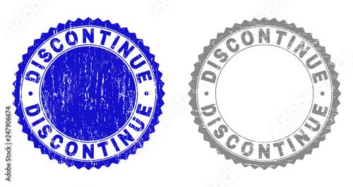Grunge DISCONTINUE stamp seals isolated on a white background. Rosette seals with grunge texture in blue and grey colors. Vector rubber stamp imprint of DISCONTINUE text inside round rosette.
