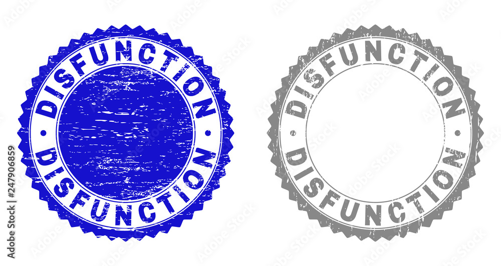 Grunge DISFUNCTION stamp seals isolated on a white background. Rosette seals with grunge texture in blue and grey colors. Vector rubber watermark of DISFUNCTION caption inside round rosette.