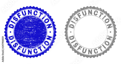 Grunge DISFUNCTION stamp seals isolated on a white background. Rosette seals with grunge texture in blue and grey colors. Vector rubber watermark of DISFUNCTION caption inside round rosette.