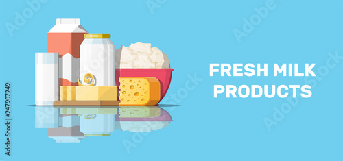 Milk products set with cheese, cottage and butter. Dairy food. Tradicional fresh farm products. Vector illustration in flat style