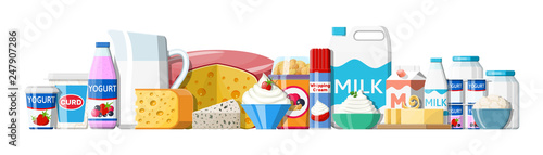 Dairy products set. Collection of milk food. Milk, cheese, yogurt, butter, sour cream, cottage, cream. Tradicional farm products. Vector illustration in flat style