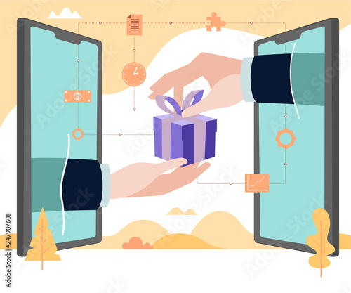 Concept Flat illustration. Hand outside of smartphone delivery gift. Application for online shop.