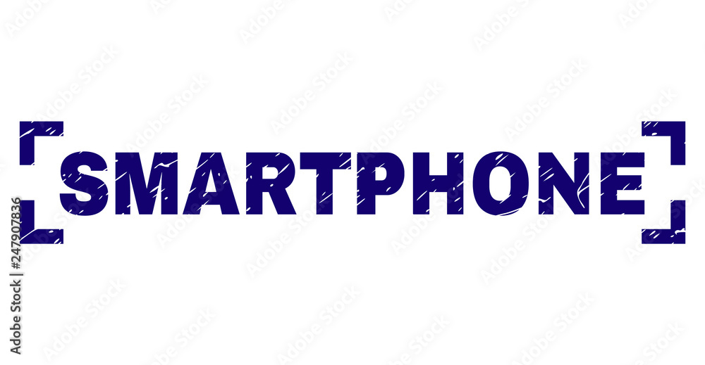 SMARTPHONE text seal stamp with distress texture. Text caption is placed between corners. Blue vector rubber print of SMARTPHONE with dust texture.