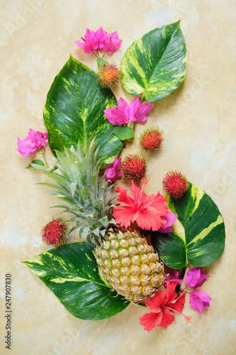 Pineapple Rambutan Flower Fresh Exotic Composition.  Exotic Fruit Floral
