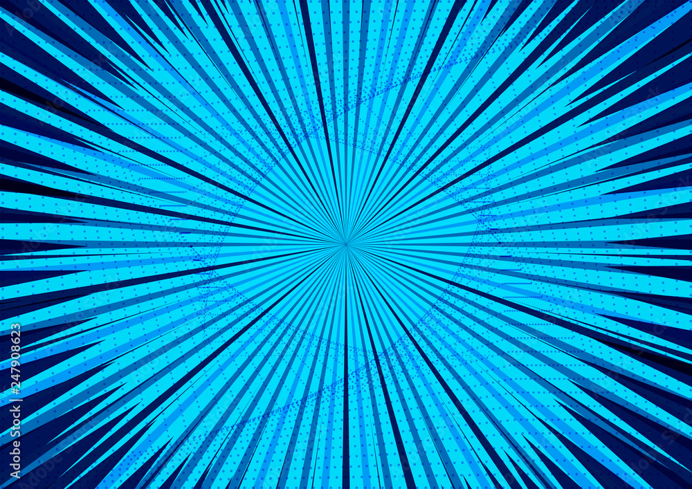 Fototapeta premium Abstract comic blue background for style pop art design. Retro burst template backdrop. Light rays effect. Vintage comic book style, halftone modern print texture, vector.