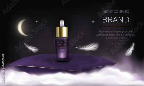Night cosmetic product for face skin care realistic vector. Purple pipette bottle with revitalizing serum is on velvet cushion. Cosmetics is on white fluffy cloud on dark background with soft feathers