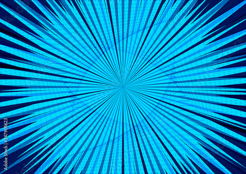 Abstract comic blue background for style pop art design. Retro burst template backdrop. Light rays effect. Vintage comic book style, halftone modern print texture, vector.