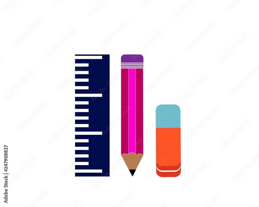 Ruler, pencil and eraser on a white background. Flat design. Vector. Ruler, pencil and eraser on a white background. Flat design. Vector.