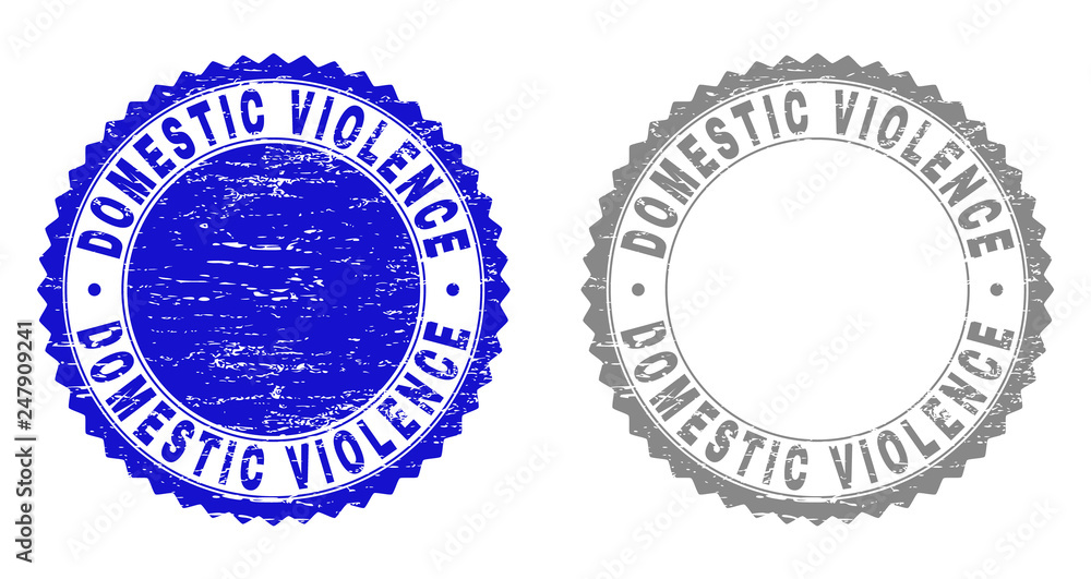 Grunge DOMESTIC VIOLENCE stamp seals isolated on a white background. Rosette seals with grunge texture in blue and grey colors.