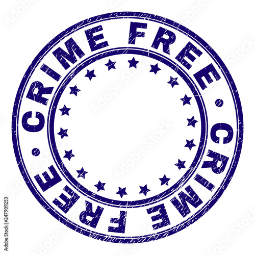 CRIME FREE stamp seal watermark with grunge texture. Designed with round shapes and stars. Blue vector rubber print of CRIME FREE text with scratched texture.