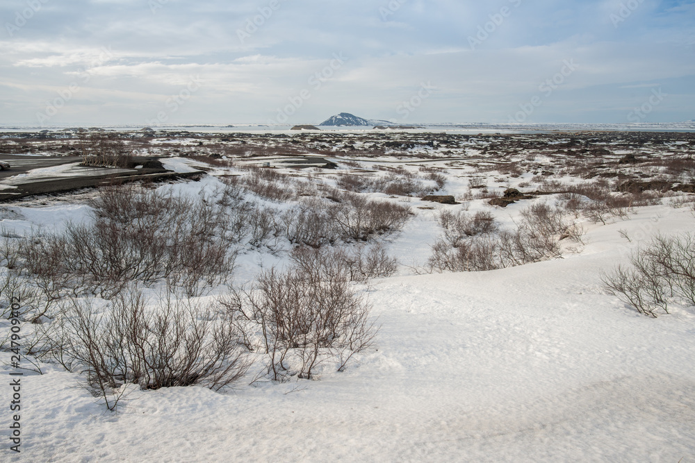 Scenery view of snow covered Dimmuborgir lava field in Mývatn of Northeast iceland in the winter season. Scenery view of snow covered Dimmuborgir lava field in Mývatn of Northeast iceland in the winter season.