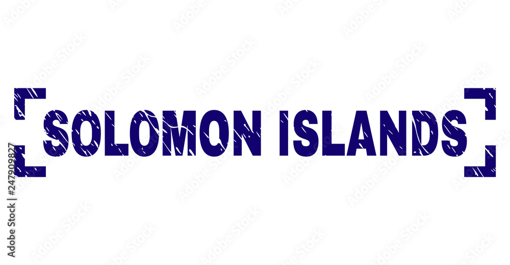 SOLOMON ISLANDS text seal watermark with corroded texture. Text caption is placed inside corners. Blue vector rubber print of SOLOMON ISLANDS with scratched texture.