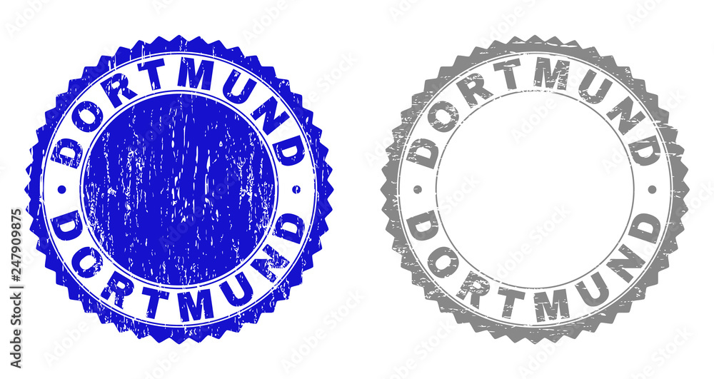 Grunge DORTMUND stamp seals isolated on a white background. Rosette seals with distress texture in blue and grey colors. Vector rubber stamp imitation of DORTMUND text inside round rosette.
