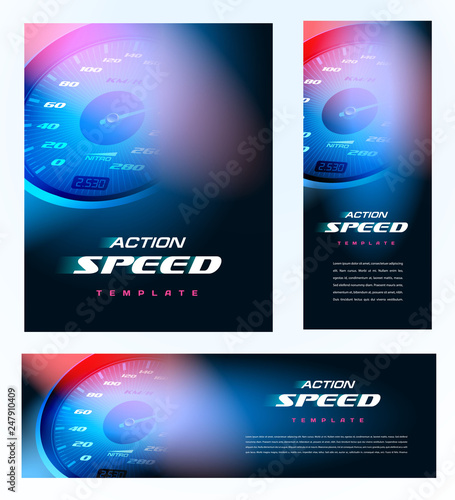 Speedometer cover design. Car speed action theme. Set flyer, banner, roll up banner, brochure size A4 template.