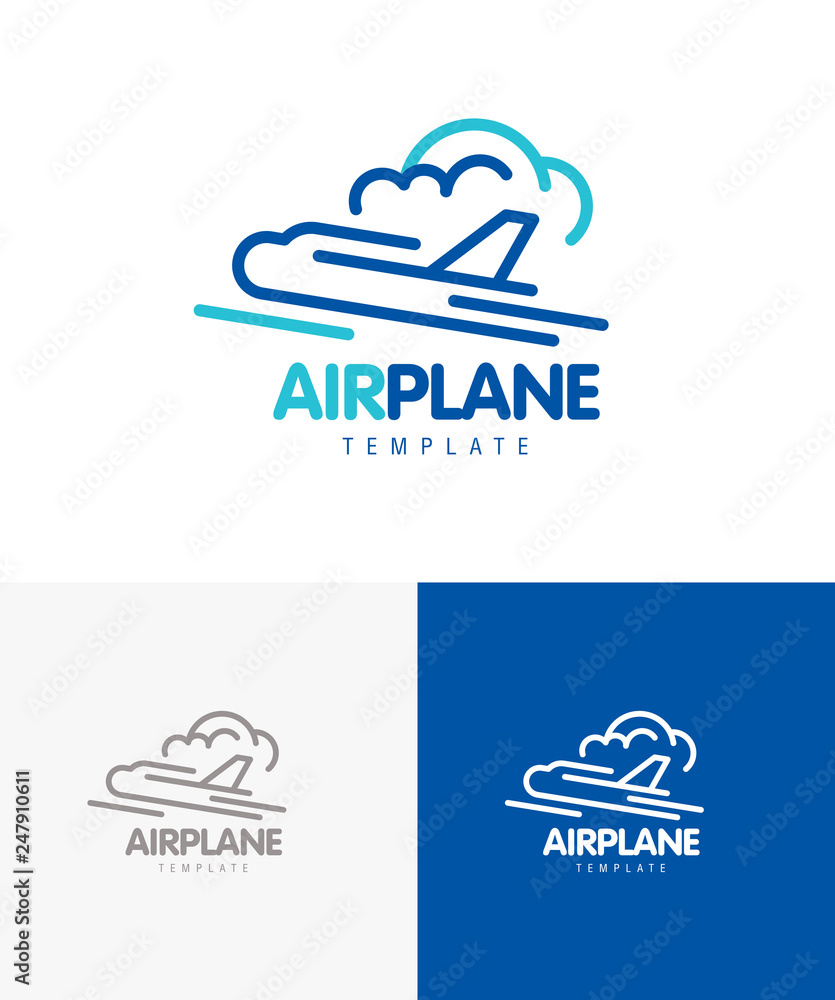 Airplane takeoff clouds fly logo lines theme