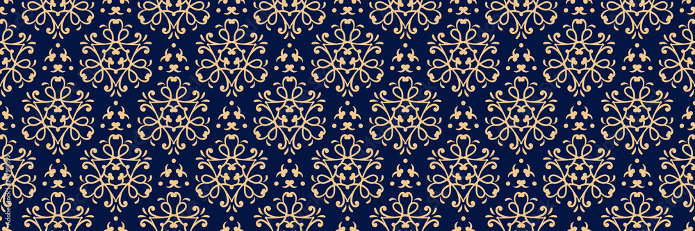 Long seamless background. Dark blue backdrop with abstract golden pattern
