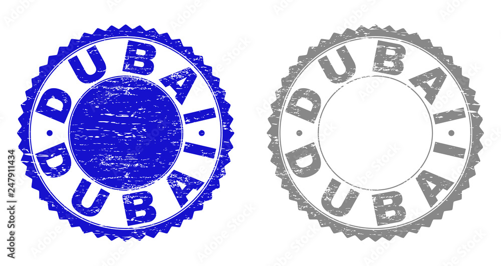 Grunge DUBAI stamp seals isolated on a white background. Rosette seals with grunge texture in blue and gray colors. Vector rubber stamp imprint of DUBAI label inside round rosette. Grunge DUBAI stamp seals isolated on a white background. Rosette seals with grunge texture in blue and gray colors. Vector rubber stamp imprint of DUBAI label inside round rosette.