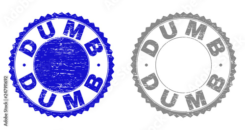 Grunge DUMB stamp seals isolated on a white background. Rosette seals with distress texture in blue and gray colors. Vector rubber stamp imitation of DUMB label inside round rosette.