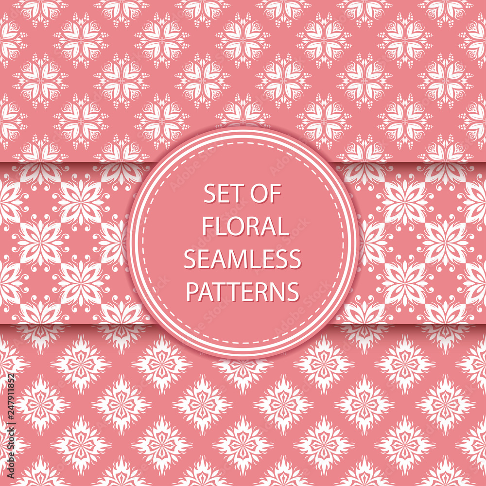 Floral seamless patterns compilation. White designs on pink backgrounds