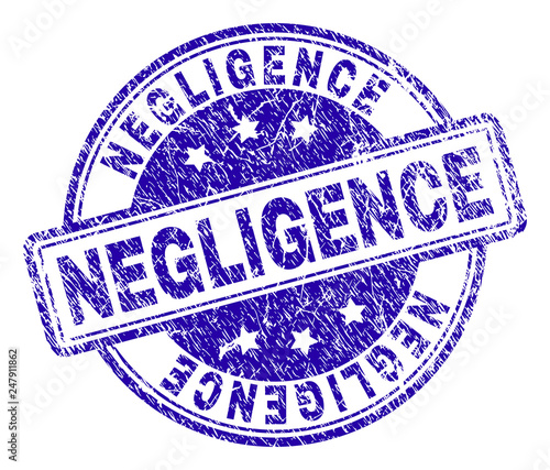 NEGLIGENCE stamp seal watermark with grunge texture. Designed with rounded rectangles and circles. Blue vector rubber print of NEGLIGENCE tag with grunge texture.