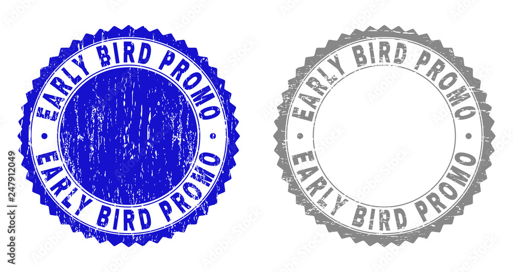 Grunge EARLY BIRD PROMO stamp seals isolated on a white background. Rosette seals with grunge texture in blue and gray colors. Vector rubber overlay of EARLY BIRD PROMO title inside round rosette.