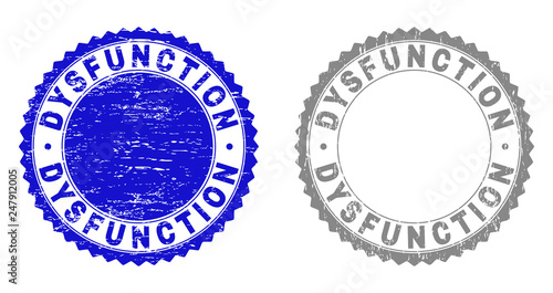 Grunge DYSFUNCTION stamp seals isolated on a white background. Rosette seals with grunge texture in blue and gray colors. Vector rubber stamp imitation of DYSFUNCTION text inside round rosette.