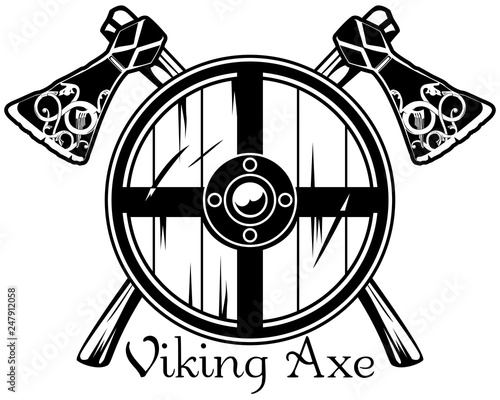 Viking axe of Scandinavian pattern and viking shield, vector illustration