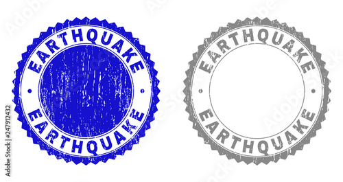 Grunge EARTHQUAKE watermarks isolated on a white background. Rosette seals with grunge texture in blue and grey colors. Vector rubber stamp imprint of EARTHQUAKE text inside round rosette. photo