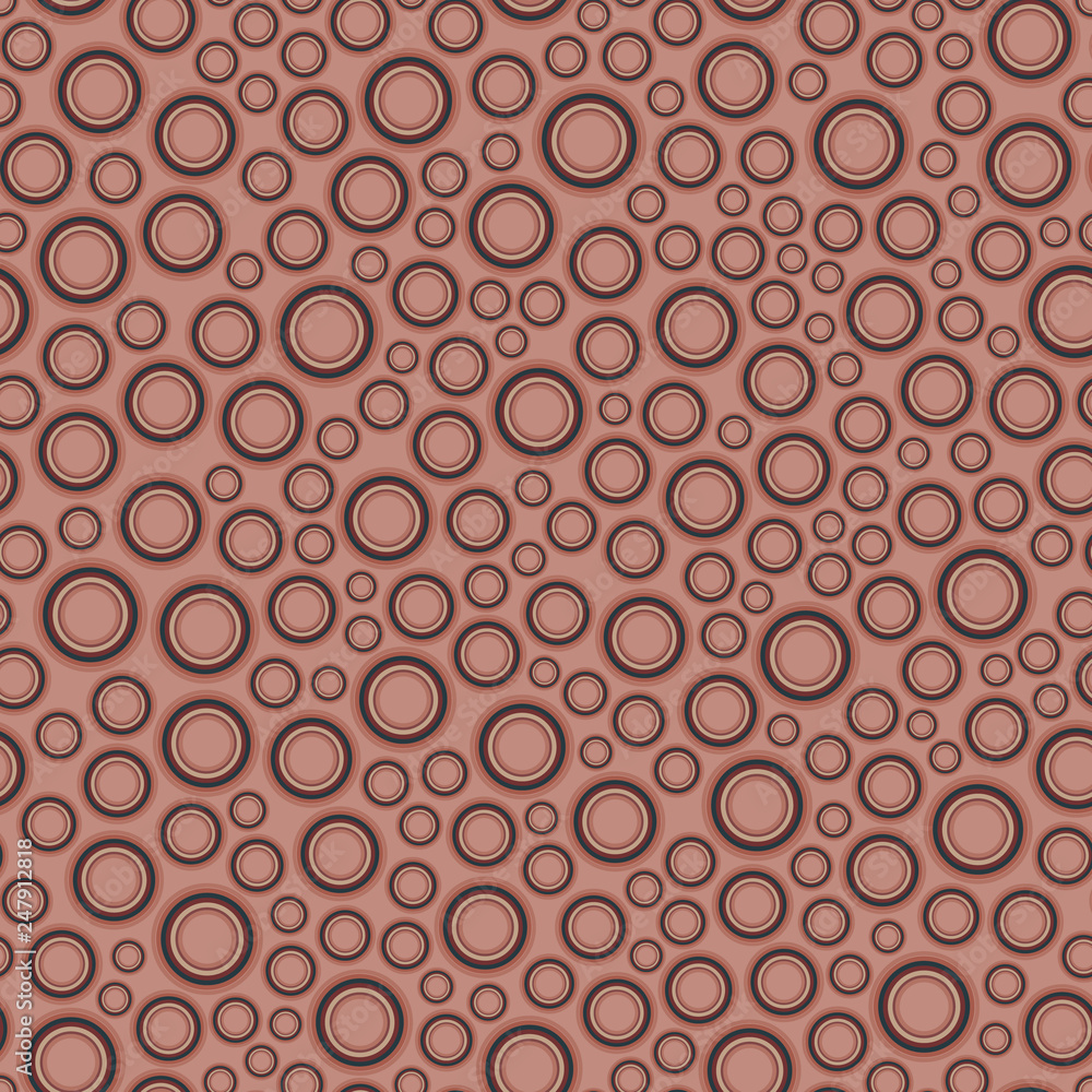 Seamless pattern, texture. Non-intersecting geometric elements of a round shape, randomly scattered on a light brown background.