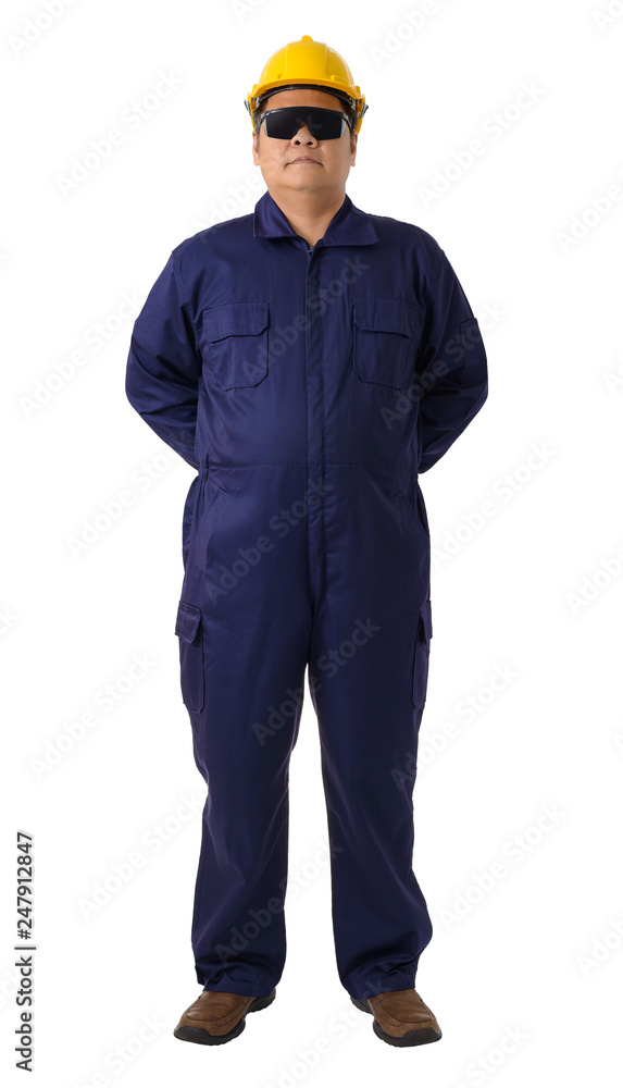 Full body portrait of a worker in Mechanic Jumpsuit isolated on white background Full body portrait of a worker in Mechanic Jumpsuit isolated on white background