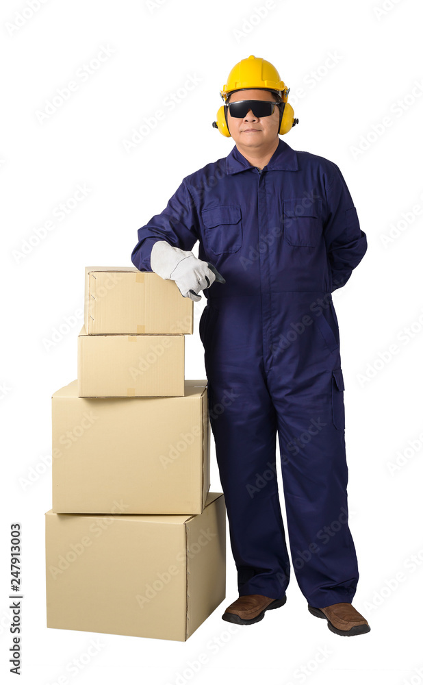 worker in Mechanic Jumpsuit with stack of boxes isolated on white background worker in Mechanic Jumpsuit with stack of boxes isolated on white background