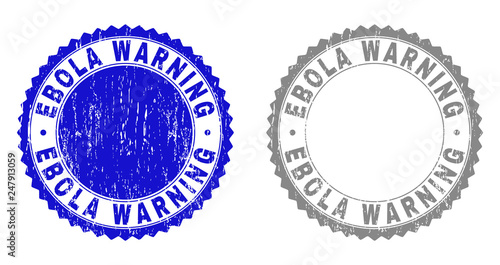 Grunge EBOLA WARNING stamp seals isolated on a white background. Rosette seals with grunge texture in blue and grey colors. Vector rubber stamp imprint of EBOLA WARNING title inside round rosette.