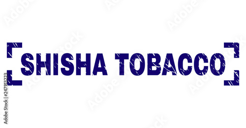 SHISHA TOBACCO caption seal print with corroded texture. Text label is placed inside corners. Blue vector rubber print of SHISHA TOBACCO with grunge texture.