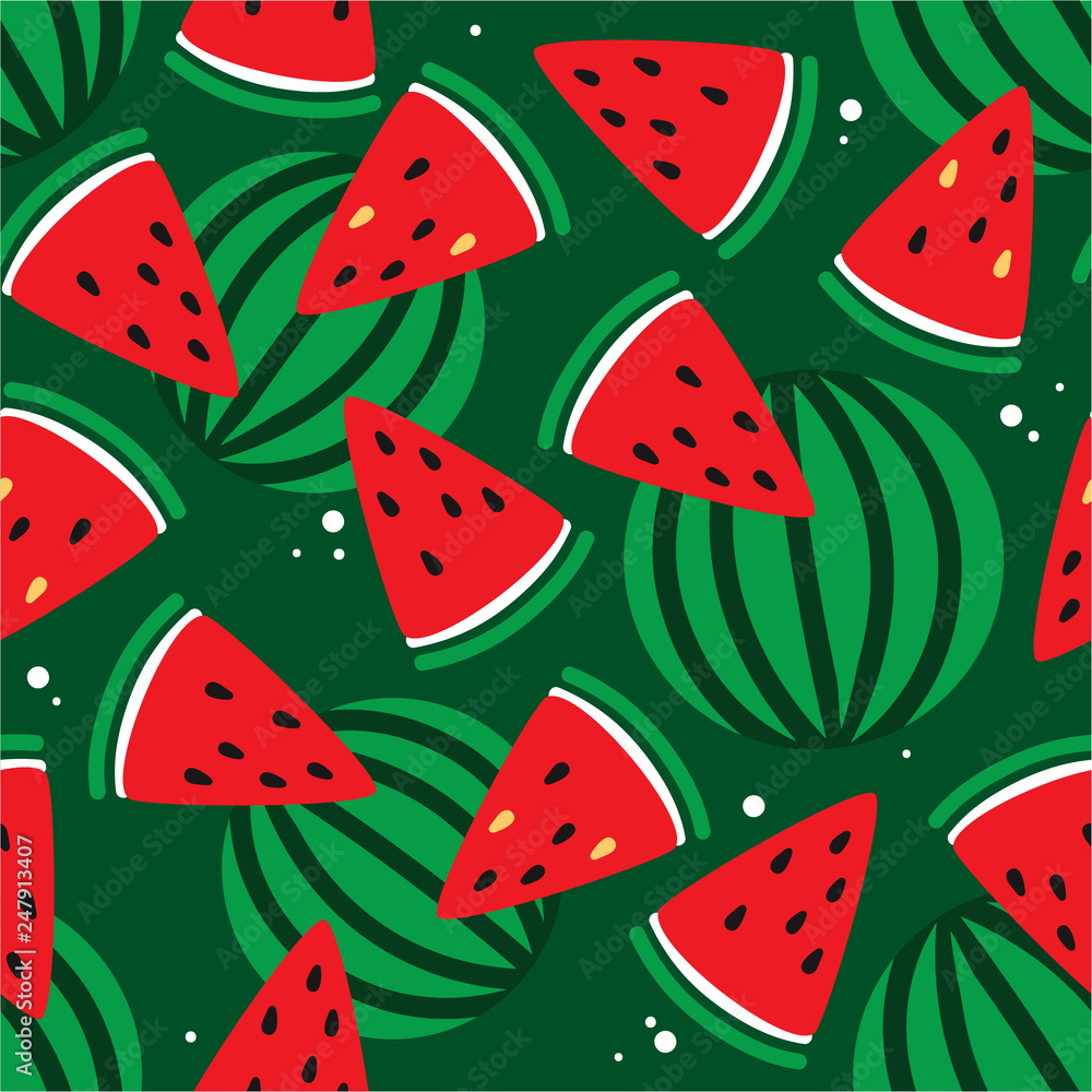 Fresh fruits, hand drawn backdrop. Colorful wallpaper vector. Seamless pattern with ripe watermelons. Decorative illustration, good for printing. Overlapping background design