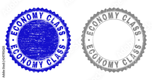 Grunge ECONOMY CLASS stamp seals isolated on a white background. Rosette seals with grunge texture in blue and grey colors. Vector rubber stamp imprint of ECONOMY CLASS text inside round rosette.