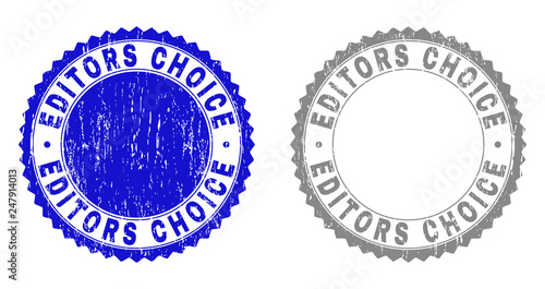 Grunge EDITORS CHOICE stamp seals isolated on a white background. Rosette seals with grunge texture in blue and grey colors. Vector rubber stamp imprint of EDITORS CHOICE title inside round rosette.